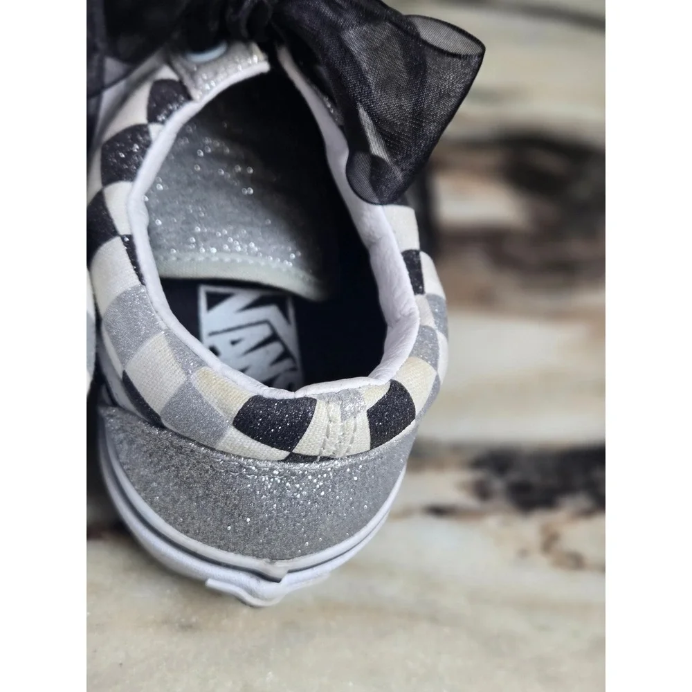 Vans Old Skool Checkerboard Silver Glitter Ribbon Lace Sneakers Womens 8 - Picture 7 of 8